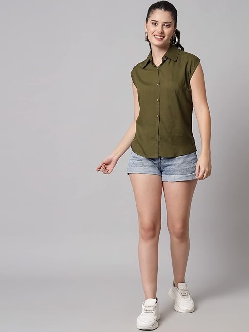 Women Plain Sleevesless Green Shirt - Image 3