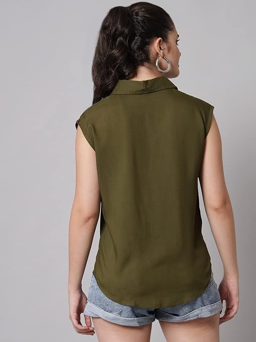 Women Plain Sleevesless Green Shirt - Image 2