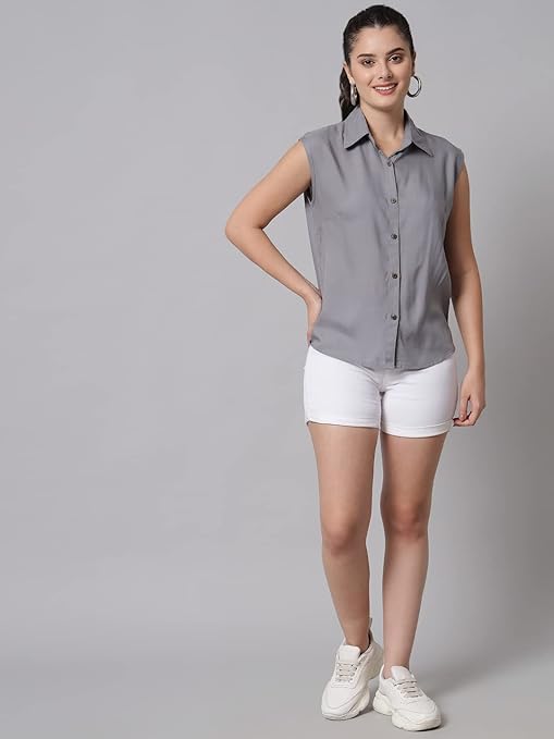 Women Plain Sleevesless Grey Shirt - Image 3