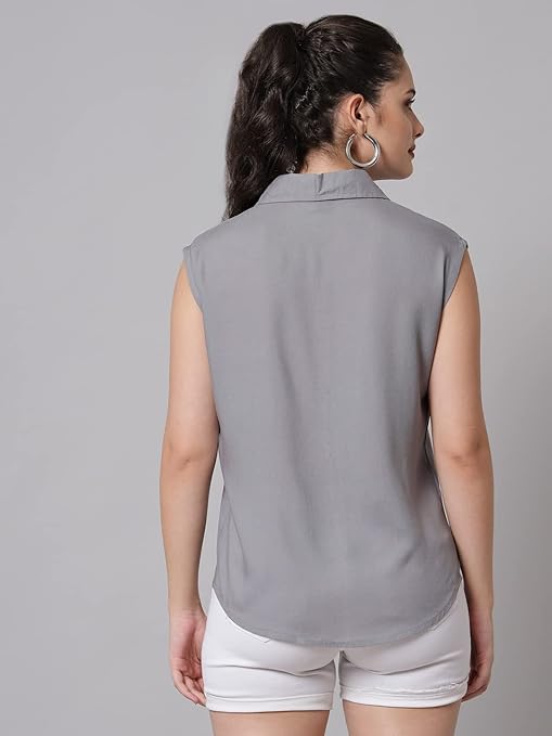 Women Plain Sleevesless Grey Shirt - Image 2