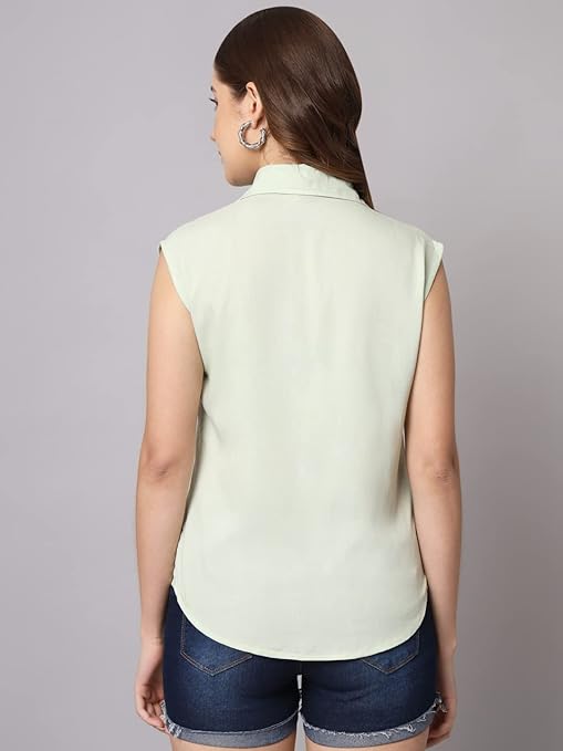 Women Plain Sleevesless Light Green Shirt - Image 2