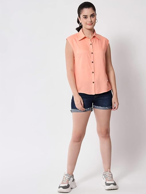 Women Plain Sleevesless Peach Shirt - Image 3