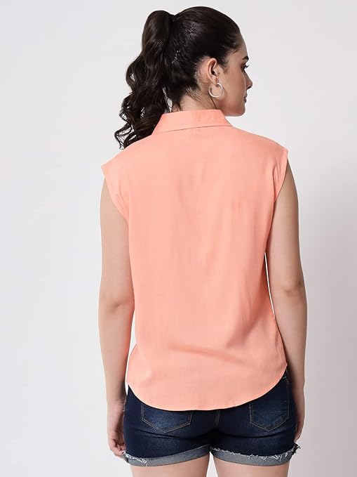 Women Plain Sleevesless Peach Shirt - Image 2