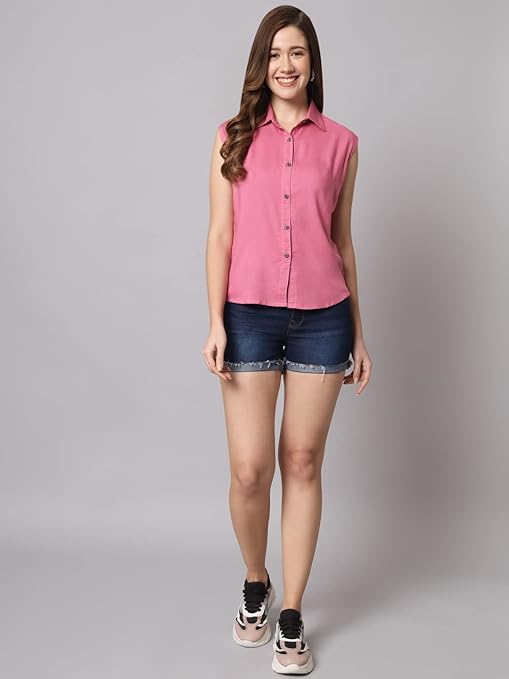 Women Plain Sleevesless Pink Shirt - Image 3