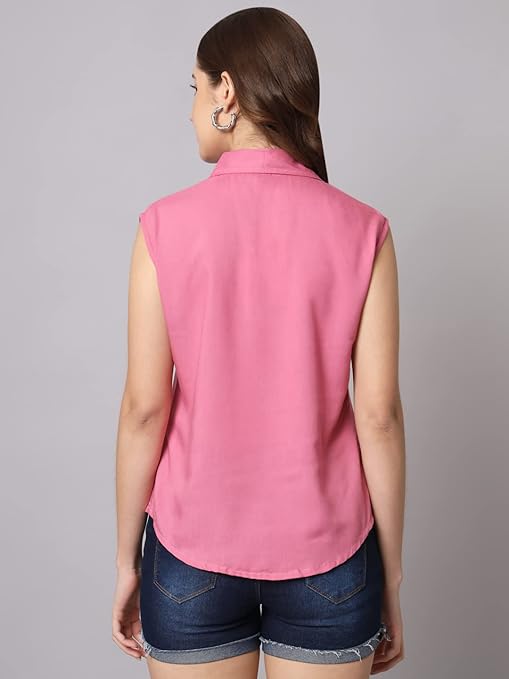 Women Plain Sleevesless Pink Shirt - Image 2