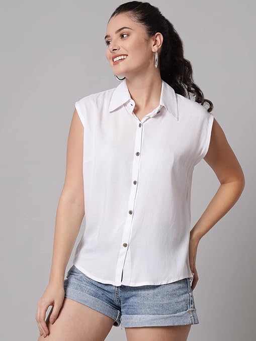 Women Plain Sleevesless White Shirt - Image 3