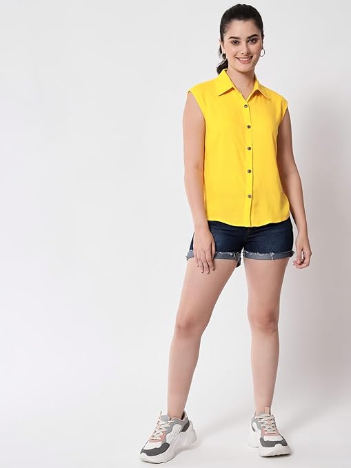 Women Plain Sleevesless Yellow Shirt - Image 3