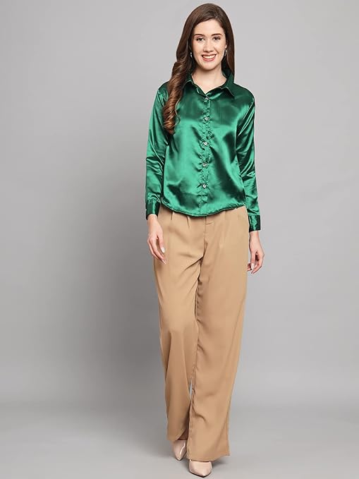 Women Formal Satin Green Shirt - Image 3