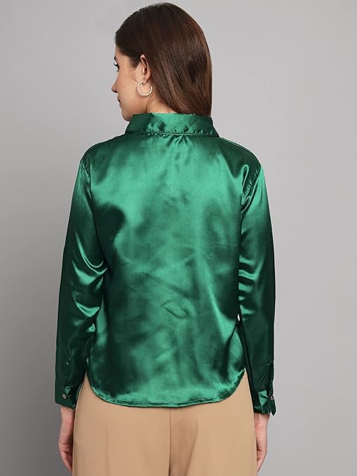 Women Formal Satin Green Shirt - Image 2