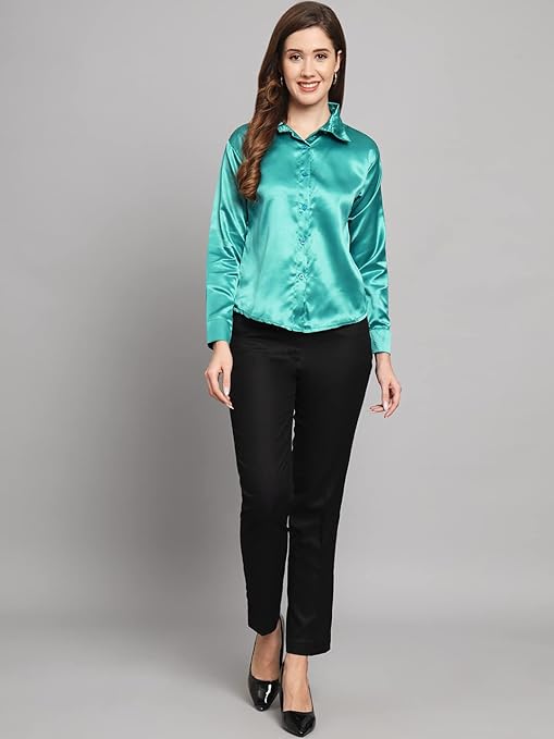 Women Formal Satin Cool Blue Shirt - Image 3