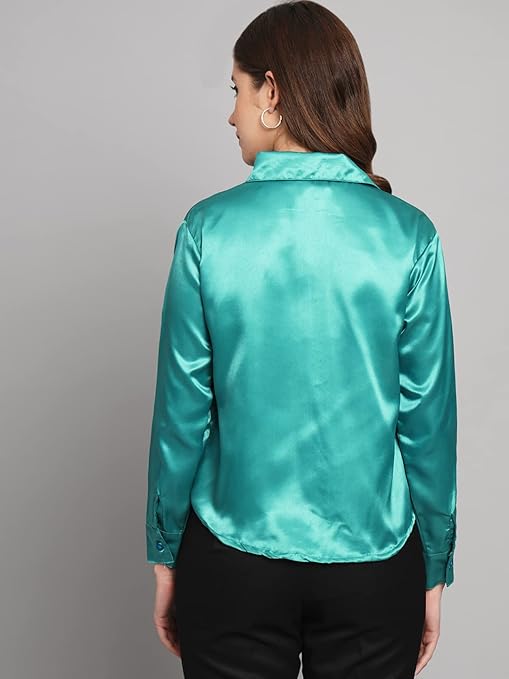 Women Formal Satin Cool Blue Shirt - Image 2