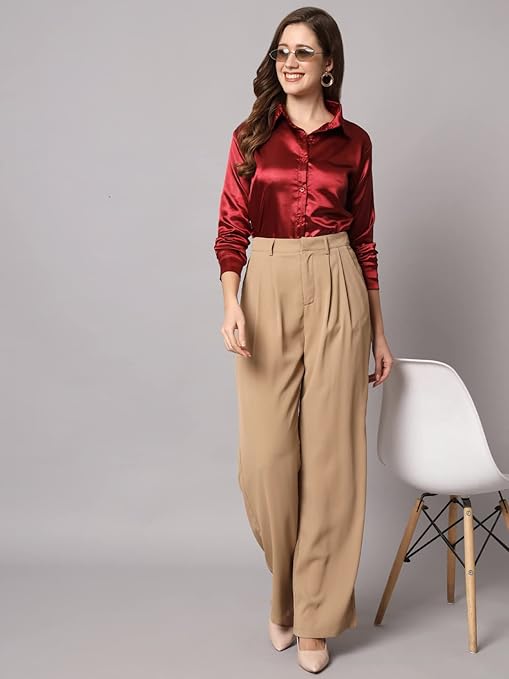 Women Formal Satin Maroon Shirt - Image 3