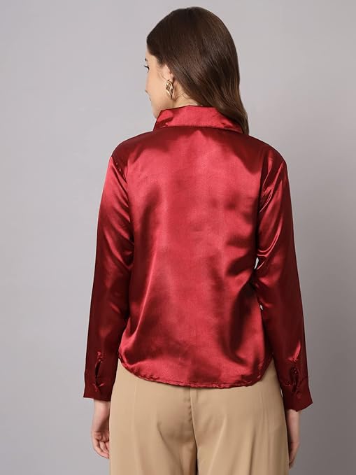 Women Formal Satin Maroon Shirt - Image 2