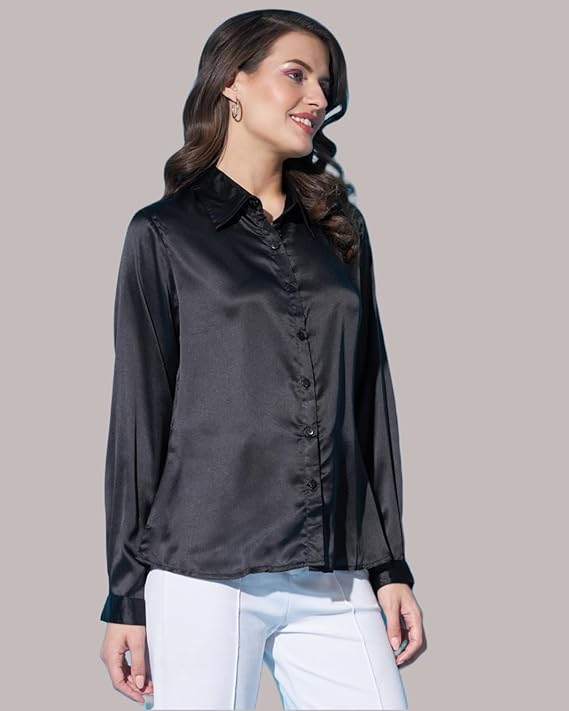 Women Formal Satin Black Shirt - Image 3