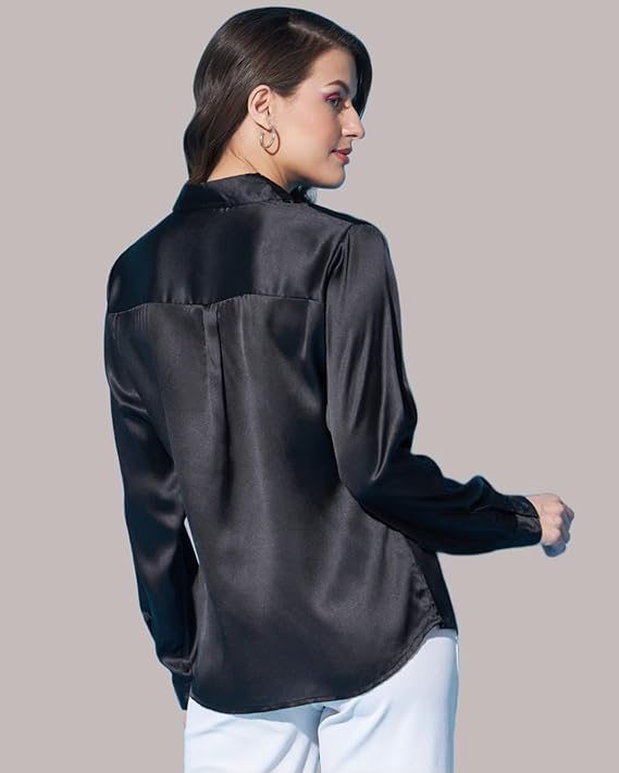 Women Formal Satin Black Shirt - Image 2