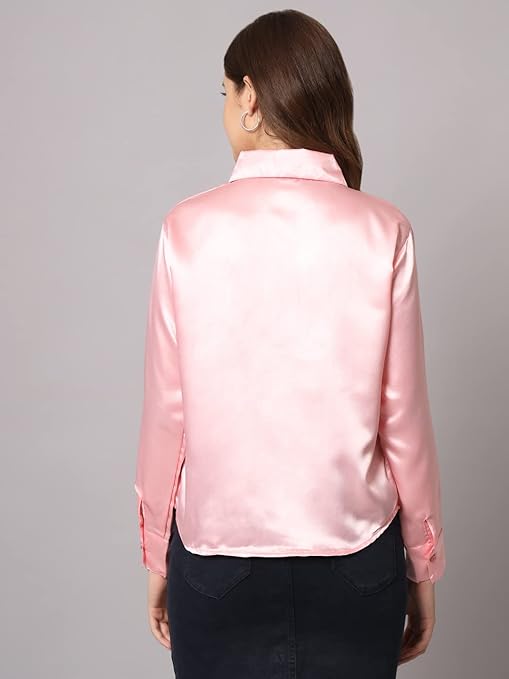 Women Formal Satin Pink Shirt - Image 3