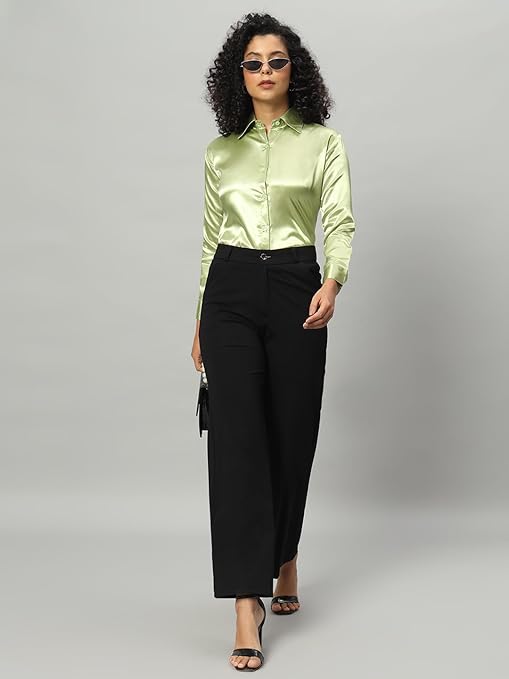 Women Formal Satin Pista Green Shirt - Image 3