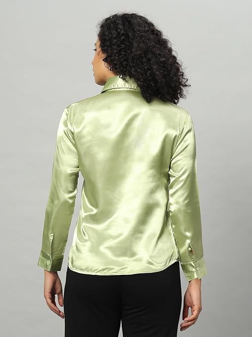 Women Formal Satin Pista Green Shirt - Image 2