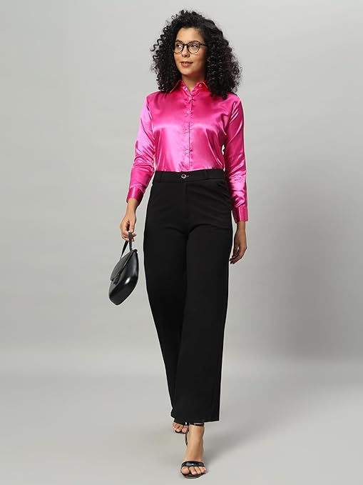 Women Formal Satin Rani Pink Shirt - Image 3