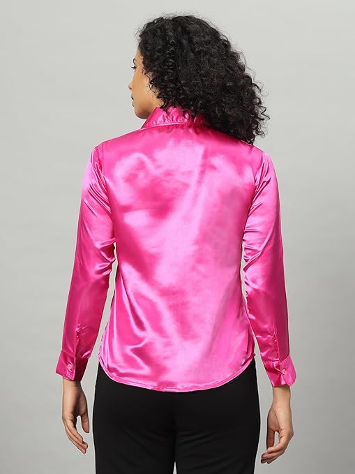 Women Formal Satin Rani Pink Shirt - Image 2