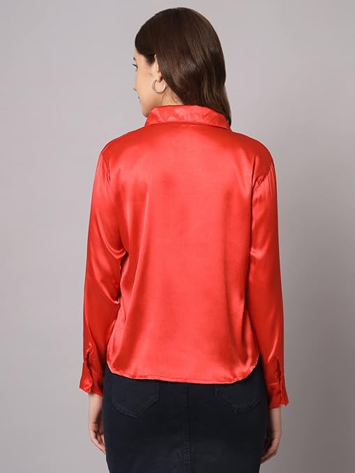 Women Formal Satin Red Shirt - Image 2