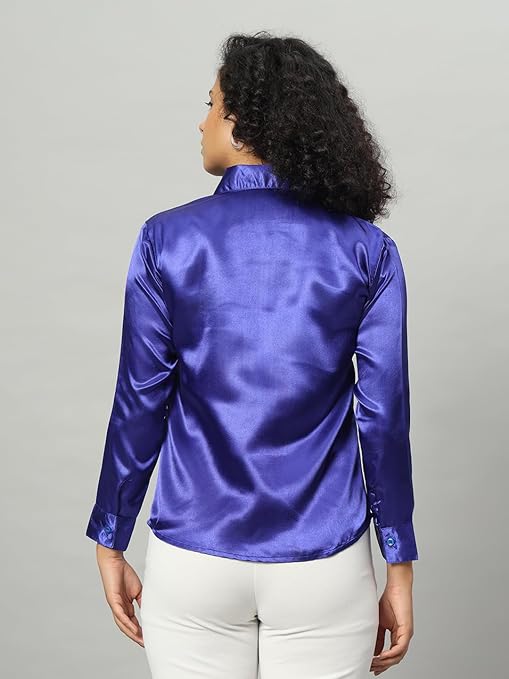 Women Formal Satin Royal Blue Shirt - Image 2