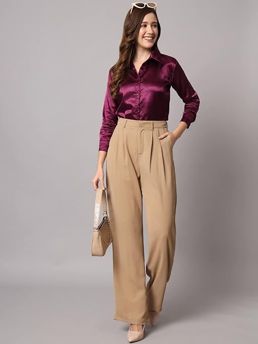 Women Formal Satin Wine Shirt - Image 3