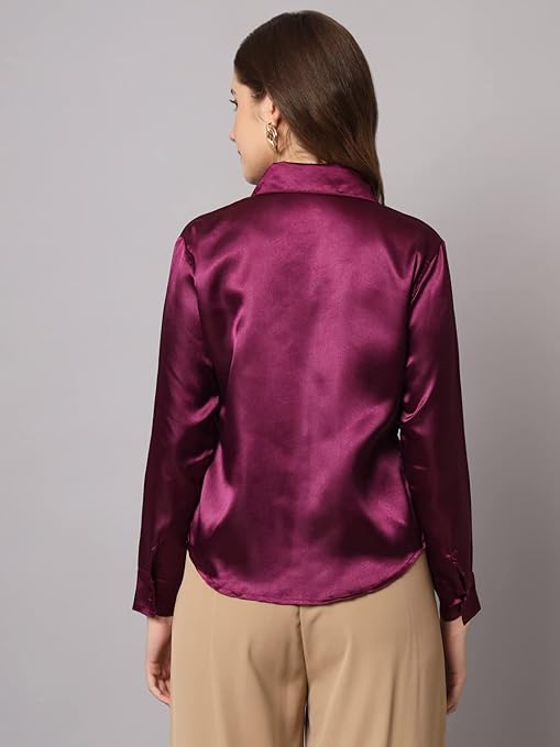Women Formal Satin Wine Shirt - Image 2