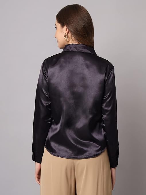 Women Formal Satin Dark Black Shirt - Image 2