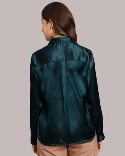 Women Formal Satin Dark Green Shirt - Image 2