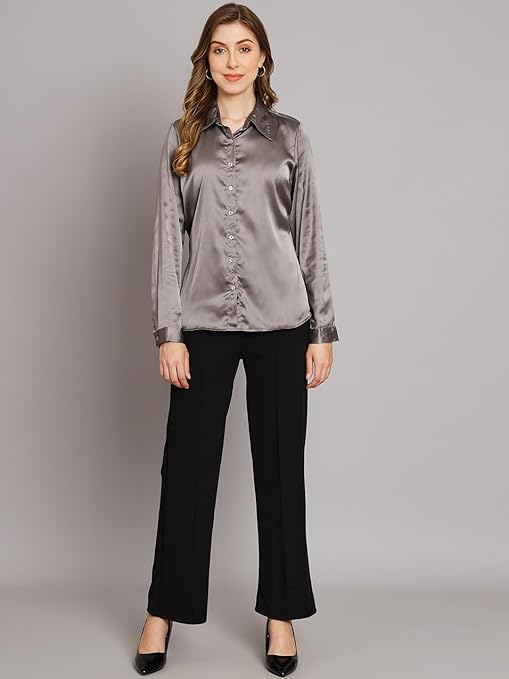 Women Formal Satin Dark Grey Shirt - Image 3