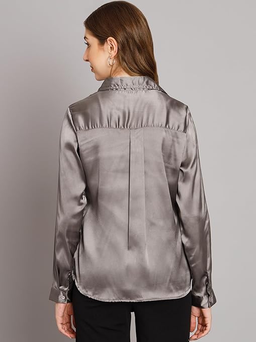 Women Formal Satin Dark Grey Shirt - Image 2