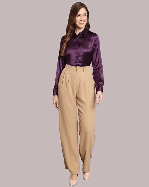 Women Formal Satin Dark Purple Shirt - Image 2