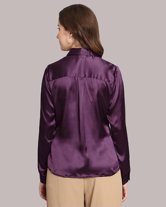 Women Formal Satin Dark Purple Shirt - Image 3