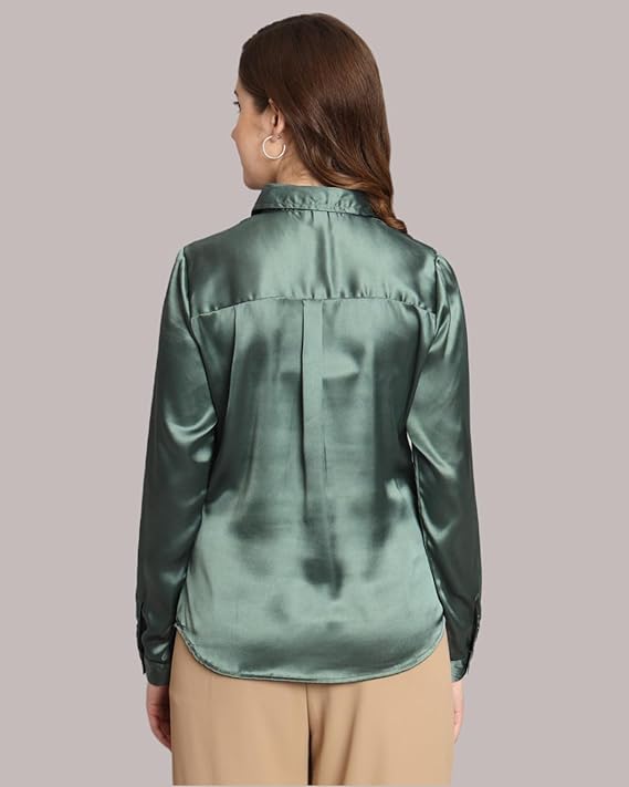 Women Formal Satin Greyish Green Shirt - Image 2