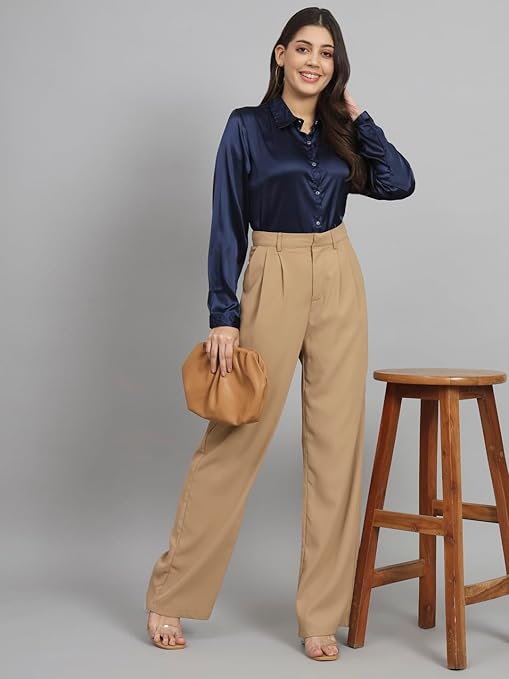 Women Formal Satin Navy Blue Shirt - Image 3