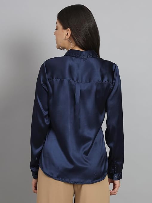 Women Formal Satin Navy Blue Shirt - Image 2