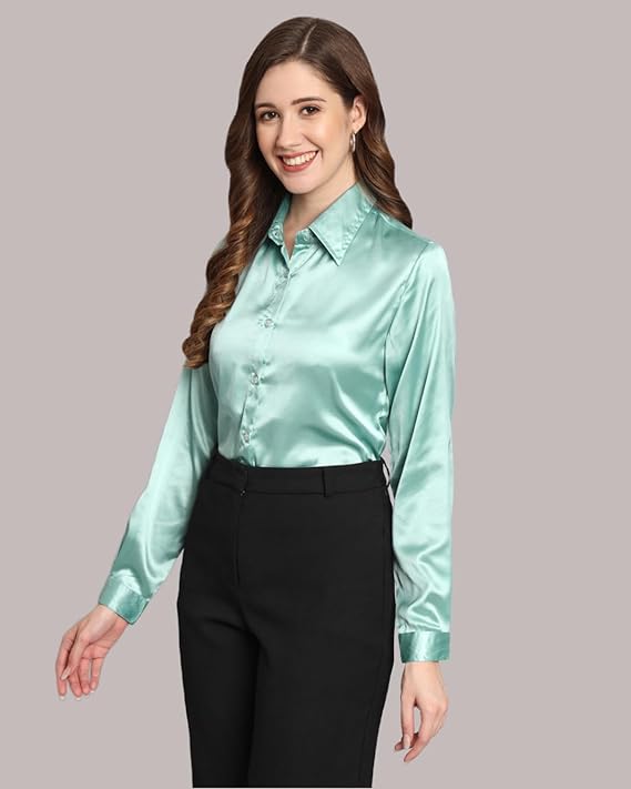 Women Formal Satin Sea Green Shirt - Image 3