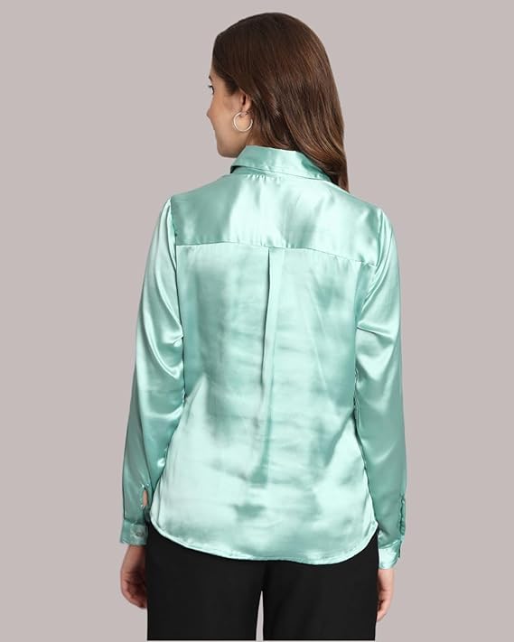 Women Formal Satin Sea Green Shirt - Image 2