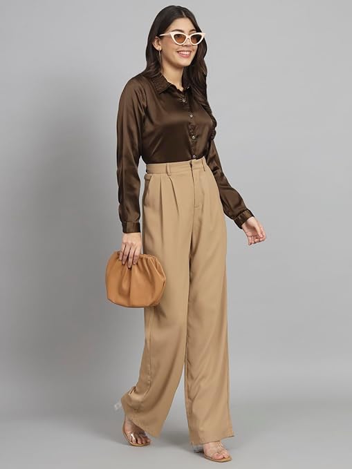 Women Formal Satin Dark Brown Shirt - Image 2
