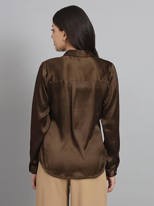 Women Formal Satin Dark Brown Shirt - Image 3