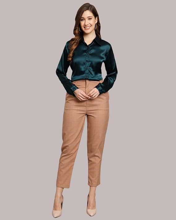 Women Formal Satin Dark Green Shirt - Image 2