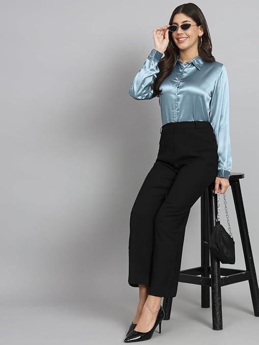 Women Formal Satin Light Blue Shirt - Image 3