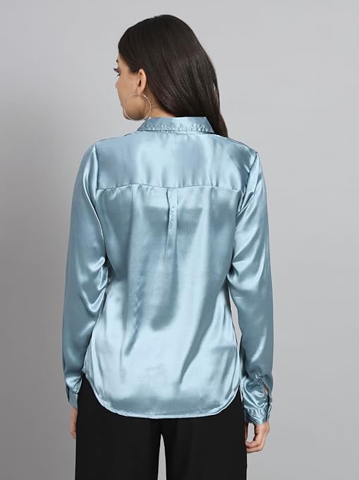 Women Formal Satin Light Blue Shirt - Image 2