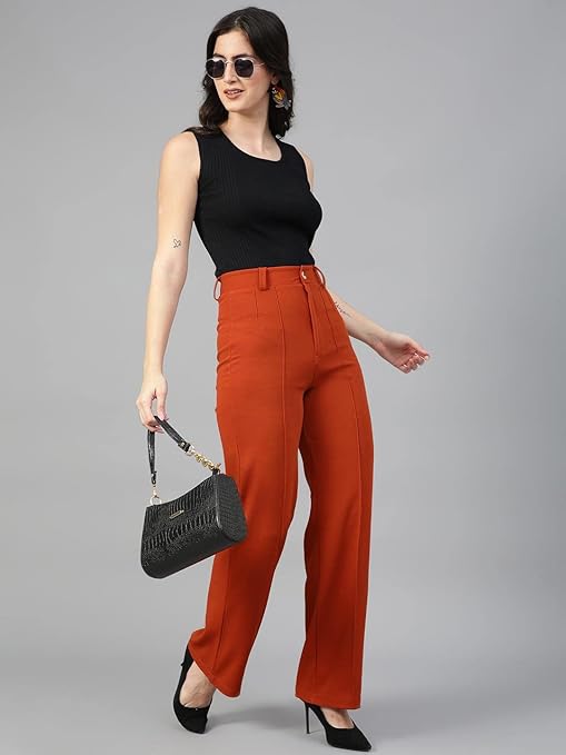 Women Polyester Solid Orange Trousers - Image 3