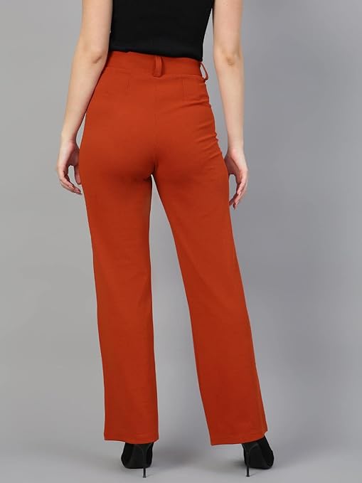 Women Polyester Solid Orange Trousers - Image 2