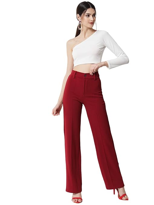 Women Polyester Solid Cherry Maroon Trousers - Image 3