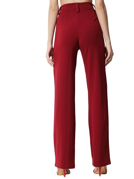 Women Polyester Solid Cherry Maroon Trousers - Image 2