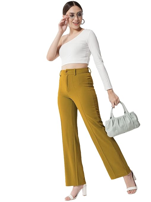 Women Polyester Solid Brown Trousers - Image 3