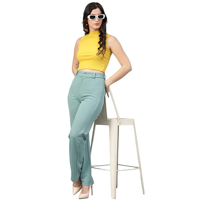Women Polyester Solid Light Blue Trousers - Image 3